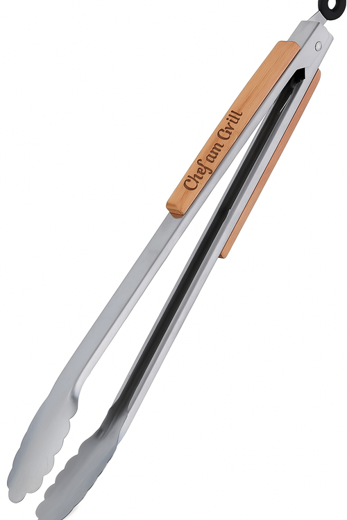 Chef am Grill – Gravierte Grillzange aus Holz & Edelstahl
