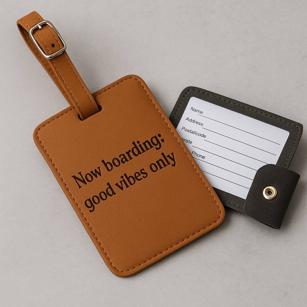 Now boarding: good vibes only – Leder-Kofferanhänger mit Gravur